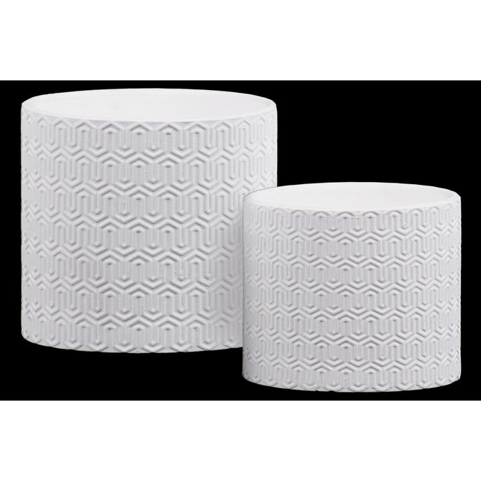 Stoneware Cylindrical Embossed Lattice Wave Design Pot, Set of 2, White