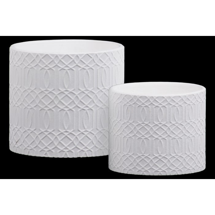 Stoneware Cylindrical Embossed Lattice Concentric Design Pot, Set of 2, White