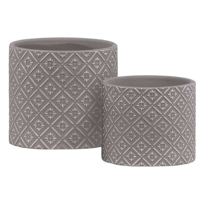 Stoneware Cylindrical Embossed Lattice Floral Design Pot, Set of 2, Gray