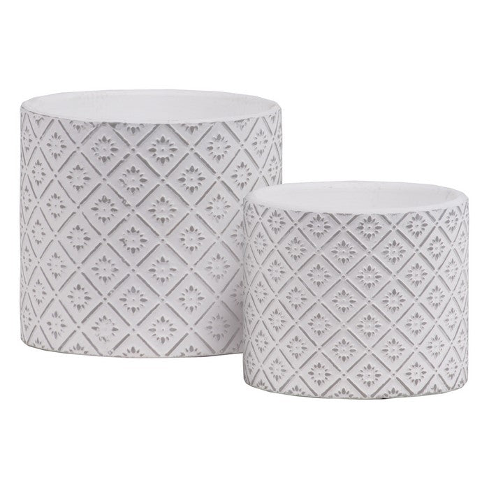 Stoneware Cylindrical Embossed Lattice Floral Design Pot, Set of 2, White