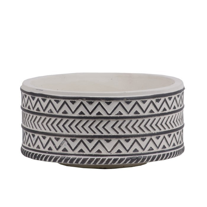 Stoneware Wide Round Pot With Black Embossed Lattice Chevron Design, Small, White