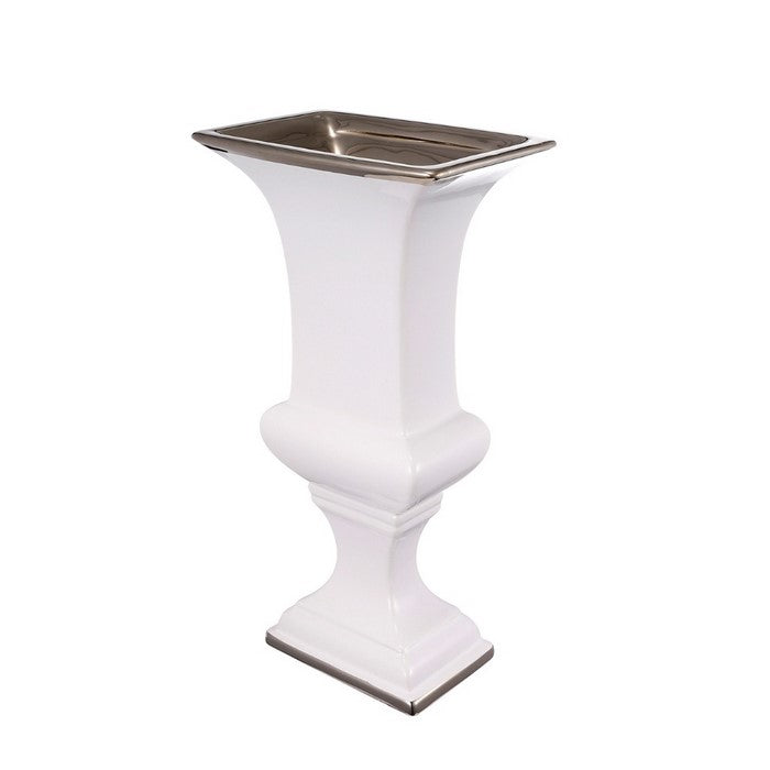 CeramicDecorative Urn With Rectangular Opening, Small, White & Silver