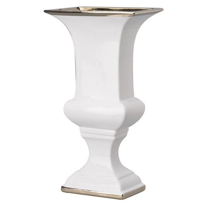 CeramicDecorative Urn With Rectangular Opening, Large, White & Silver