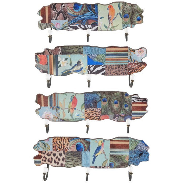 Aesthetic MDF and Metal WallDecor With 3 Hooks, Multicolor, Set of 4