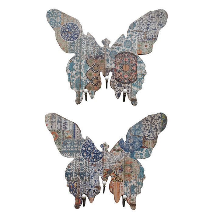 Butterfly Shape MDF and Metal WallDecor With 3 Hooks, Multicolor, Set of 2