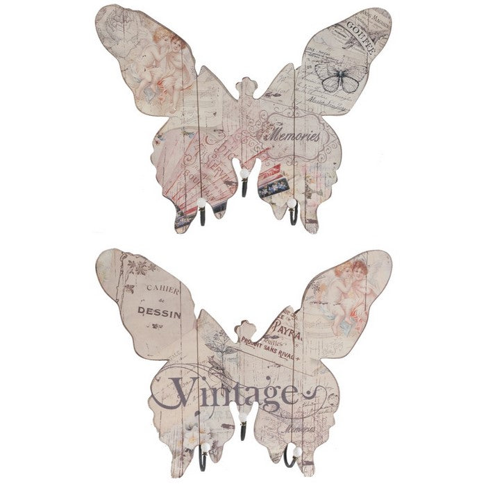 Butterfly Shape MDF WallDecor With 3 Metal Hooks, Multicolor, Set of 2