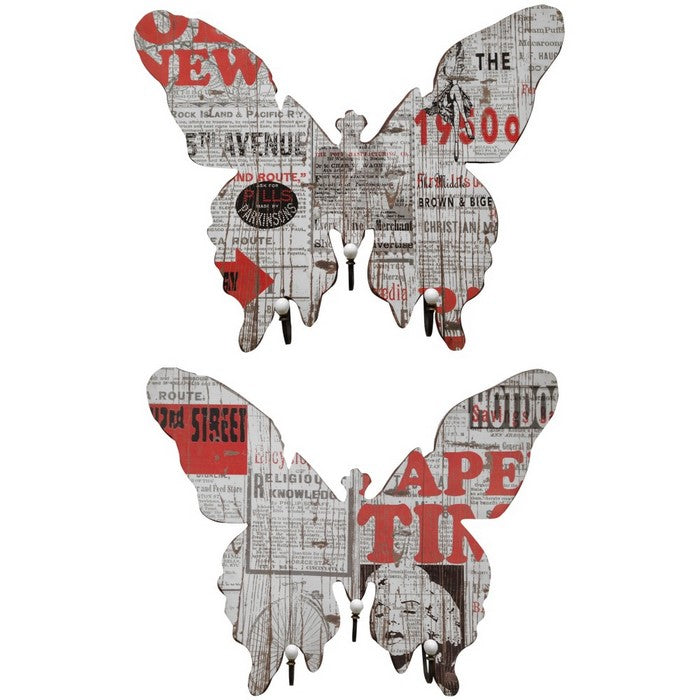 Newspaper Patterned MDFand Metal WallDecor With 3 Hooks, Multicolor, Set of 2