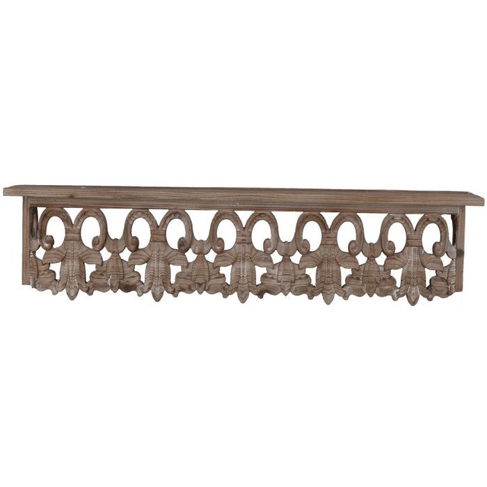 31.5 Inches Wooden Wall Shelf with Scrollwork, Medium, Brown
