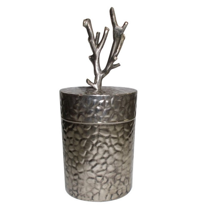 Metal Lidded Jar With Patterned Body , Silver