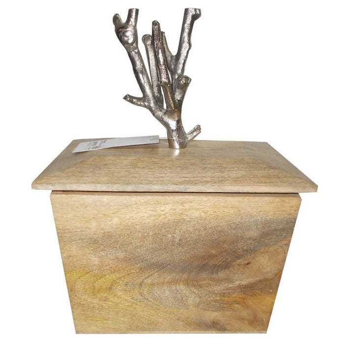 Wood Lidded Jar With Aluminum Tree Branch Top, Brown