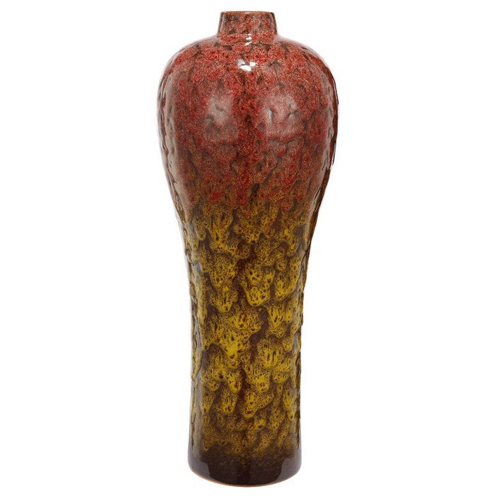 Textured Ceramic Vase with Tapered Bottom, Red and Yellow