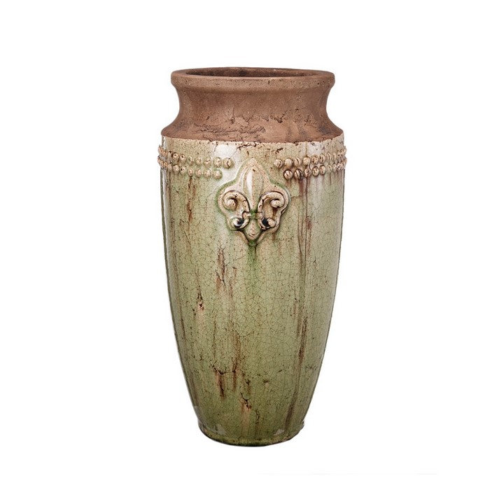 Ceramic BronzedDecorative Vase With Embossed Design, Green and Brown