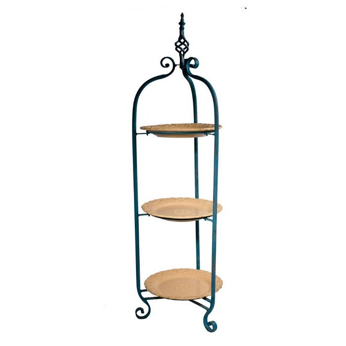 Metal 3-Tiered Stand With Porcelain Tray, Blue & Yellow