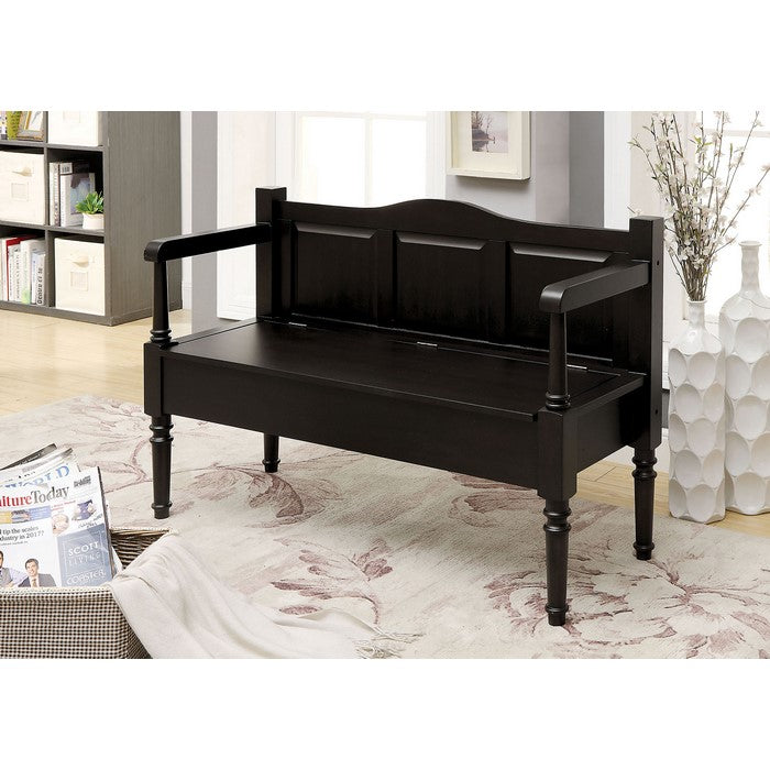 Transitional Style Wooden Bench With Storage And Arms, Dark Walnut Brown