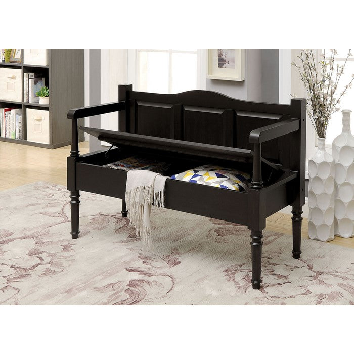 Transitional Style Wooden Bench With Storage And Arms, Dark Walnut Brown