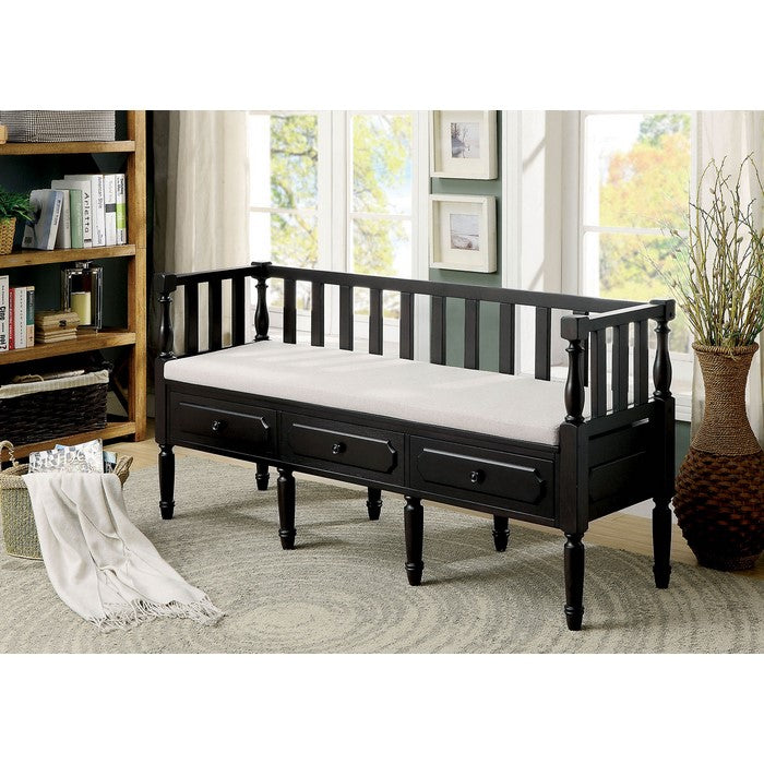 3 Drawer Transitional Wooden Bench With Slated Back, Dark Walnut Brown