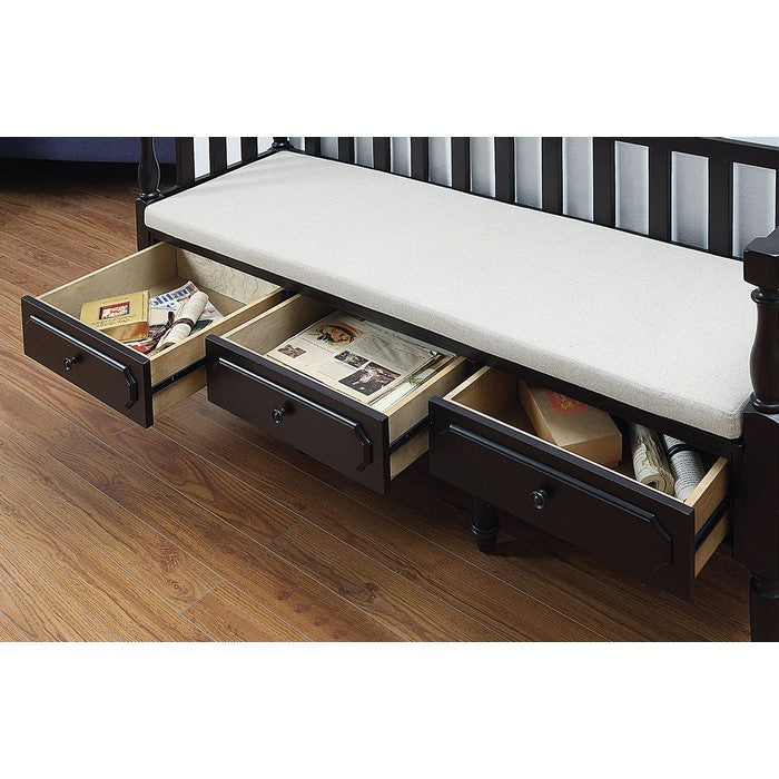 3 Drawer Transitional Wooden Bench With Slated Back, Dark Walnut Brown