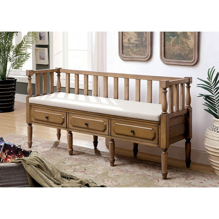 3 Drawer Transitional Wooden Bench With Slated Back, Light Natural Brown