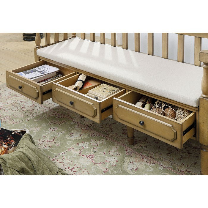 3 Drawer Transitional Wooden Bench With Slated Back, Light Natural Brown