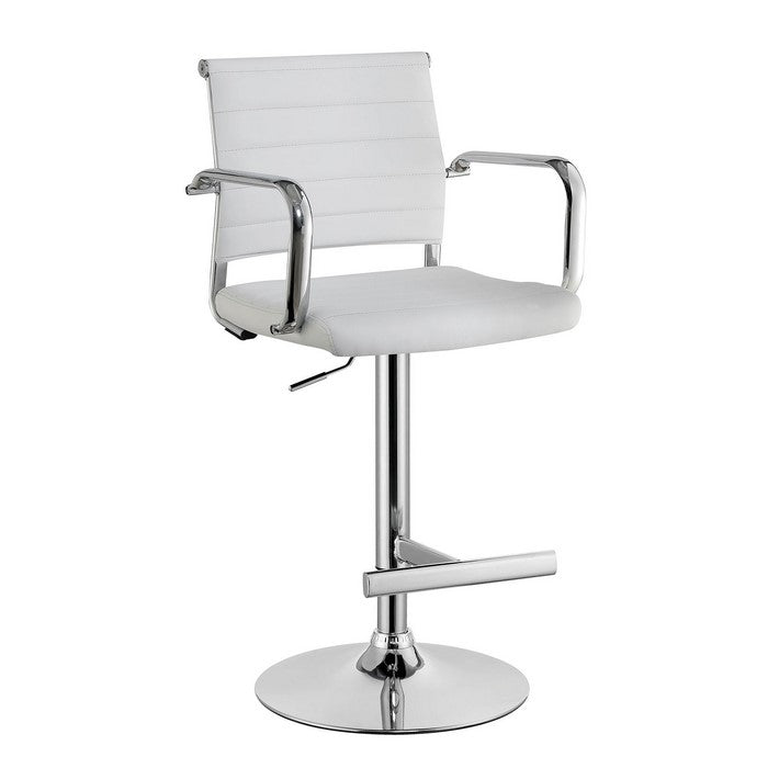 Modern Leatherette Padded Metal Bar Stool With Arms, White & Silver