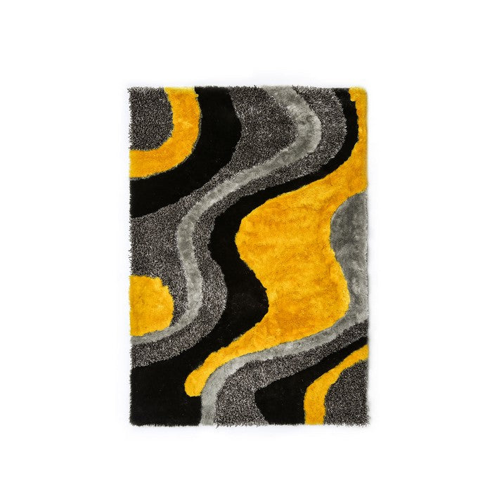 Contemporary Style Polyester Area Rug With cotton Backing, Gray & Yellow