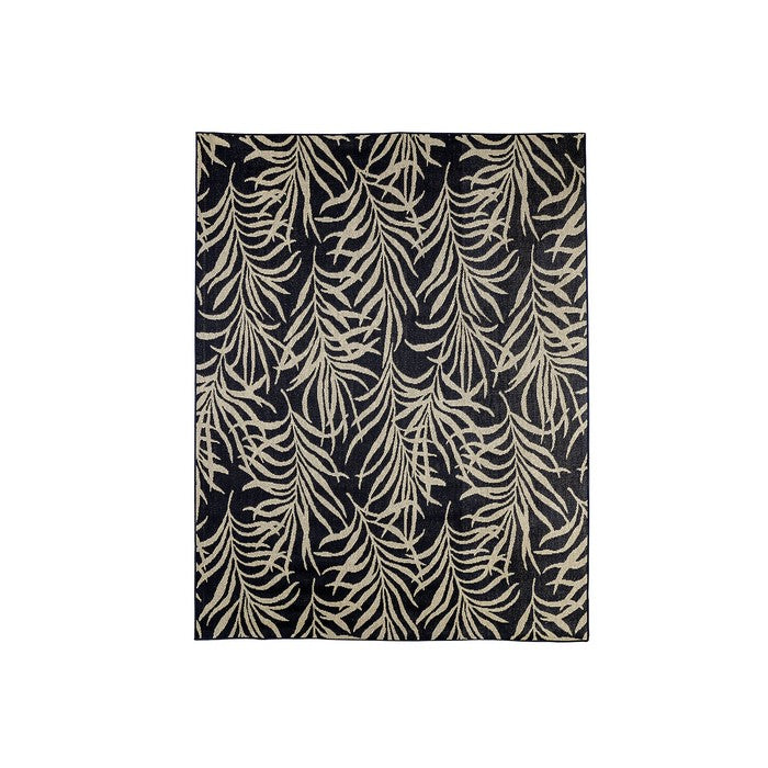 Contemporary Area Rug With Foliage Pattern In Polypropylene, Black and Beige