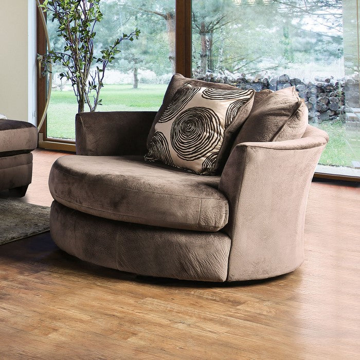 Round Shaped Contemporary Style Fabric Wood Swivel Chair With Arms, Brown
