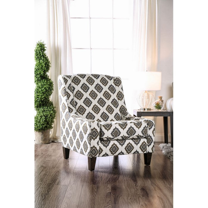Wooden Sofa Accent Chair With Patterned Fabric Upholstery, White and Brown