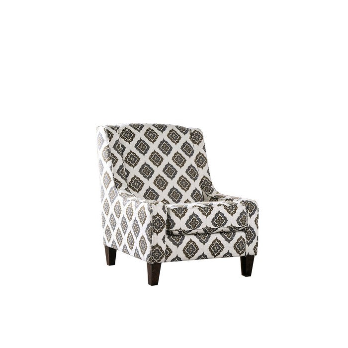 Wooden Sofa Accent Chair With Patterned Fabric Upholstery, White and Brown