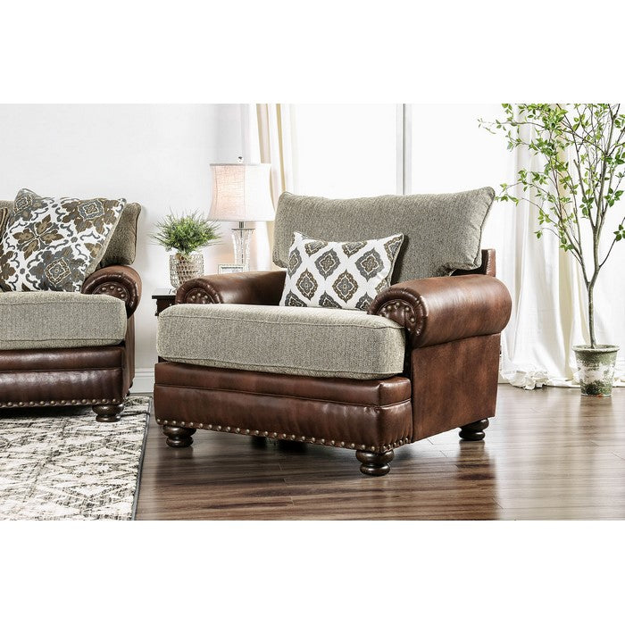 Leather and Fabric Upholstered Wooden Sofa Chair With Bun Feet, Brown & Gray