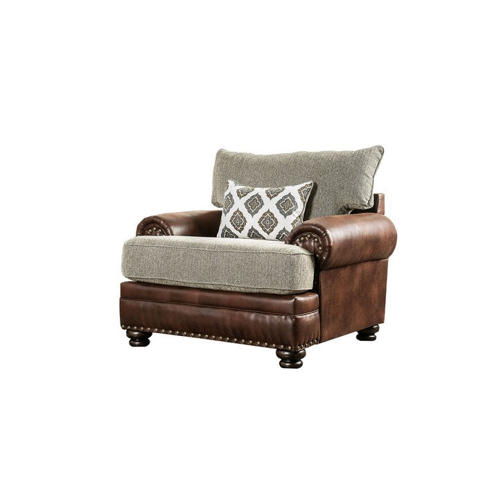 Leather and Fabric Upholstered Wooden Sofa Chair With Bun Feet, Brown & Gray