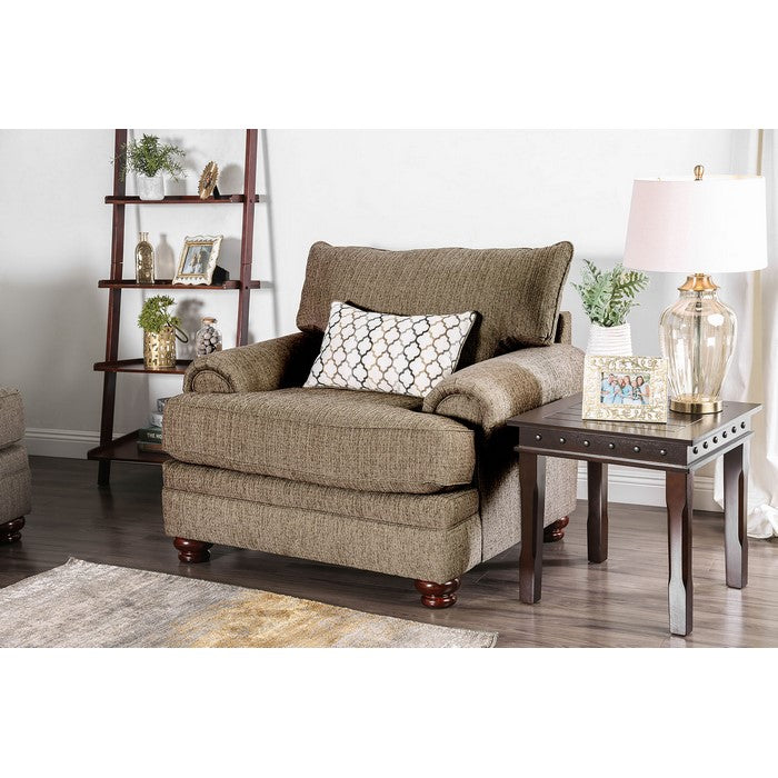 Fabric Upholstered Cushioned Sofa Arm Chair With Wooden Frame, Light Brown