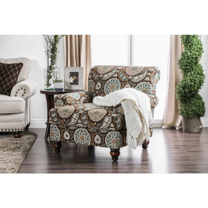 Wooden Sofa Chair With Printed Floral Fabric Upholstery, Multicolor