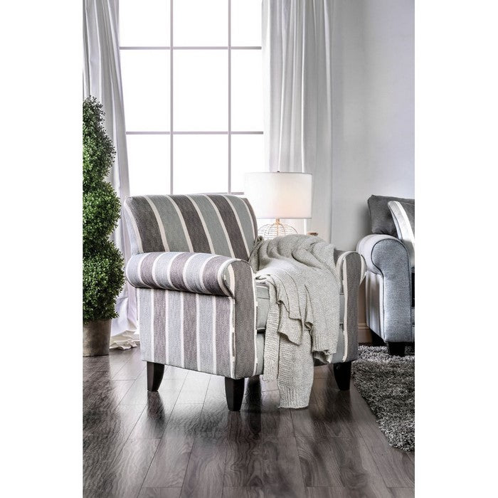 Stripe Patterned Fabric Sofa Chair With Wooden Frame, White & Gray