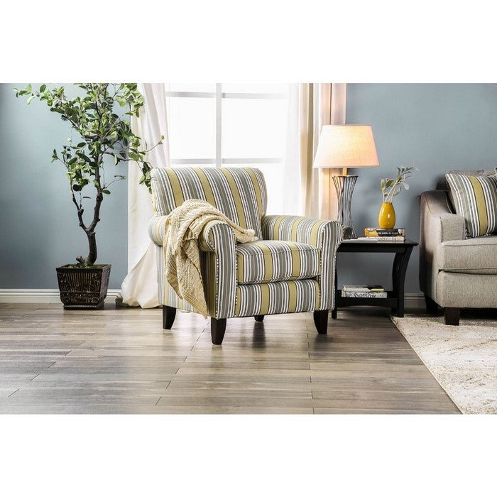 Stripe Patterned Fabric Upholstered Sofa Chair In Wooden Frame, Multicolor