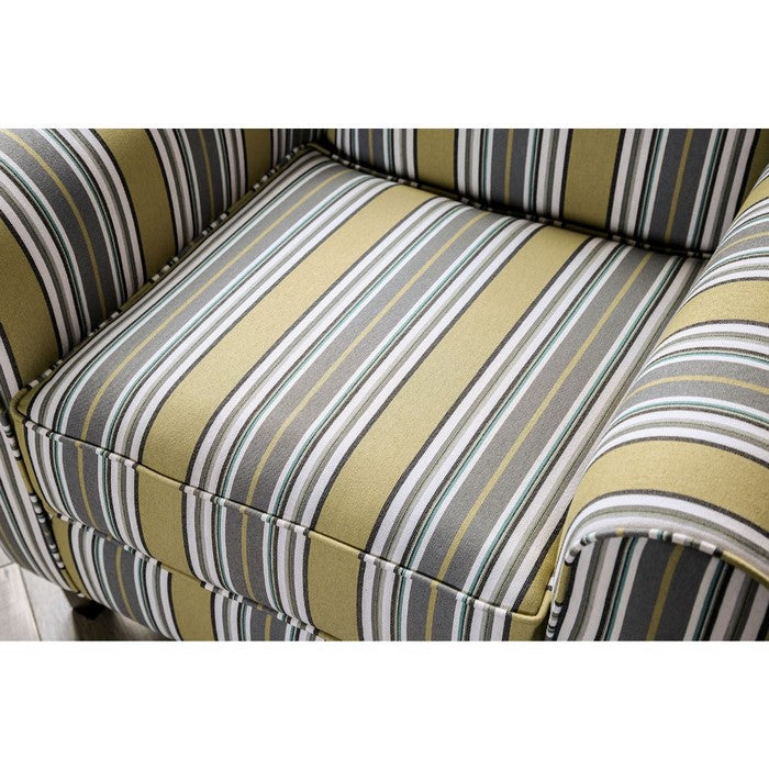 Stripe Patterned Fabric Upholstered Sofa Chair In Wooden Frame, Multicolor
