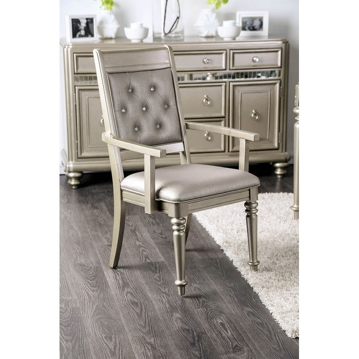 Wooden Arm Chair With Tufted Back In Champagne Gold, Set Of 2