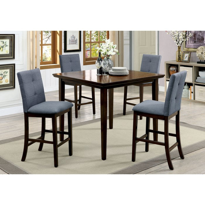 5-Piece Fabric Tufted Wooden Counter Height Table Set In Gray And Walnut Brown