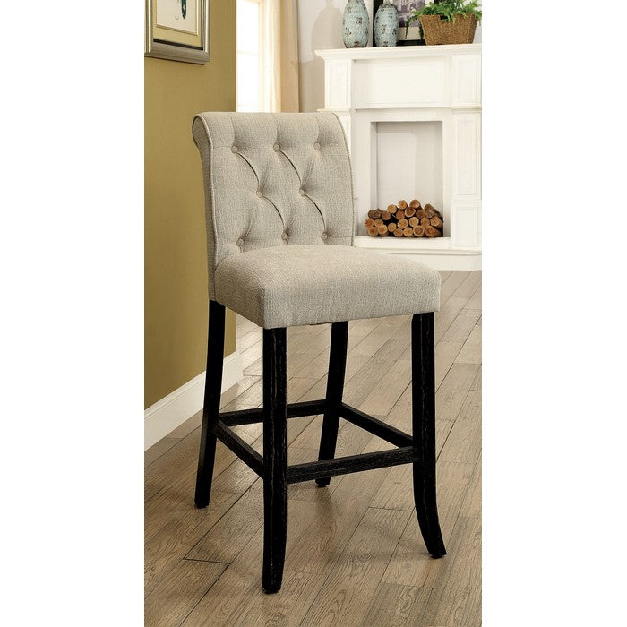 Button Tufted Fabric Upholstered Bar Chair In Wood, Ivory And Black, Set Of 2
