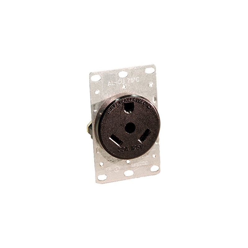 Leviton 7313 30 Amp, 125 Volt, NEMA Tt-30R, 2P, 3W, Flush Mounting Receptacle, Straight Blade, Industrial Grade, Grounding, For Recreational Vehicles, Side Wired, Steel Strap, Black
