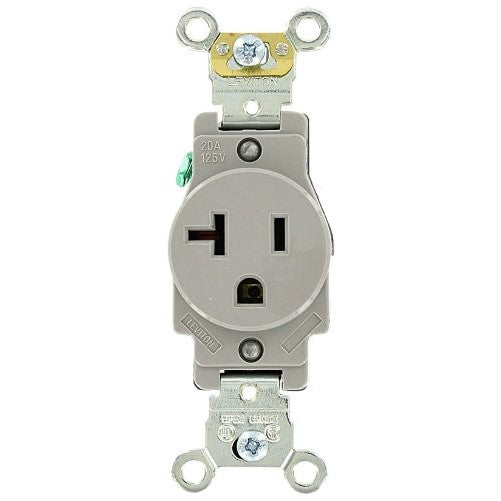Leviton 5361-GY 20 Amp, 125 Volt, Industrial Heavy Duty Grade, Single Receptacle, Straight Blade, Self Grounding, Gray