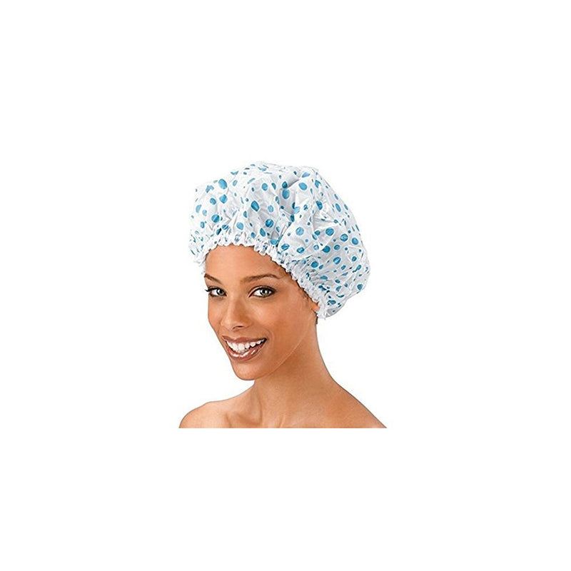 Shower Cap - Blue Dot Pattern, Vinyl material, elastic band, extra large, large, won't fall off your head,