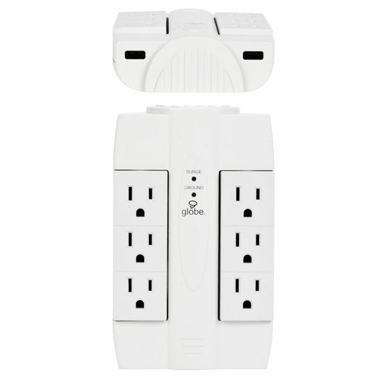 Globe Electric 6 Outlet Swivel Space Saving 2 USB Port Surge Protector Wall Tap, Android, iPad, iPhone, iPod Compatible, 2100 Joules, 2.1 AMP Charge, White Finish 7791301"