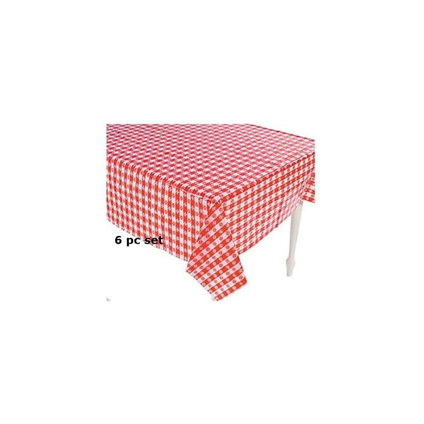 (6) Plastic Red and White Checkered Tablecloths - 6 Pc - Picnic Table Covers