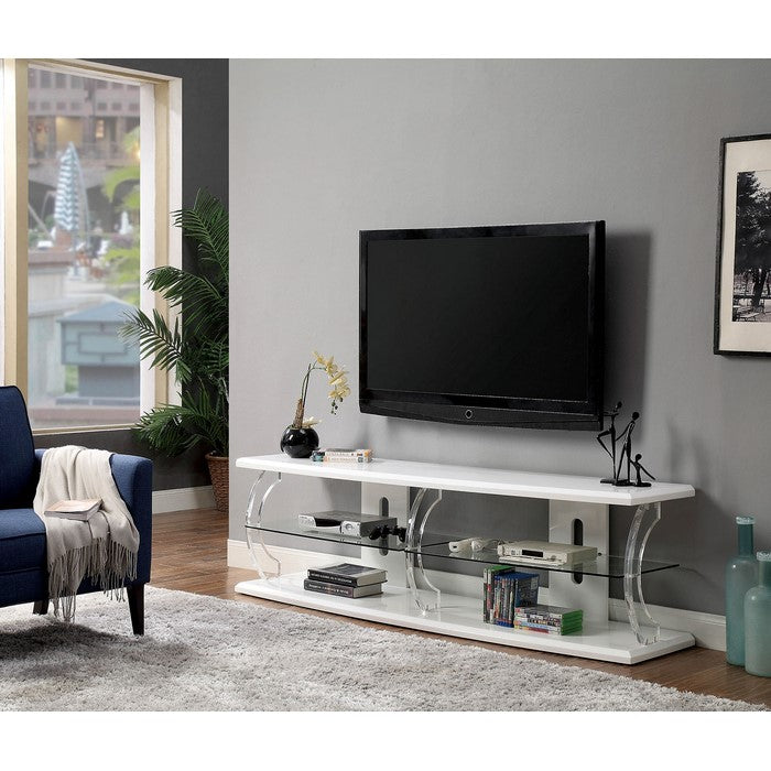 60" Wooden TV Stand With Spacious Glass Shelf, White And Clear