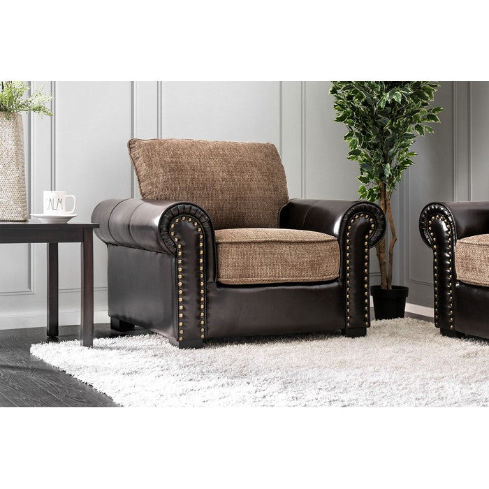 Leather and Fabric Upholstered Chair With Rolled Armrests, Brown