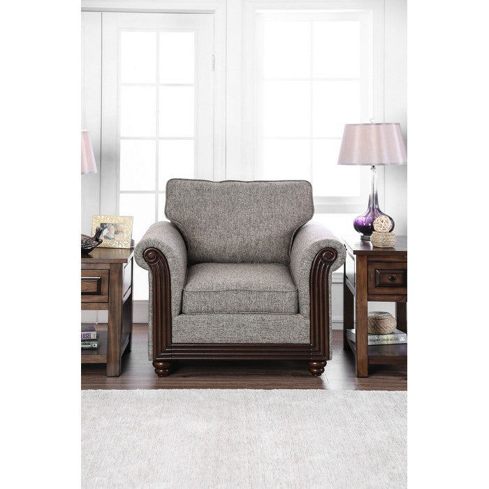 Fabric Upholstered Wooden Chair, Gray And Brown