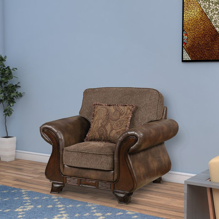 Fabric And Leather Upholstered Chair With Pillow In Brown