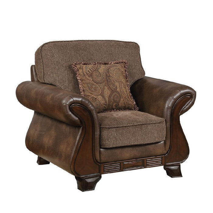 Fabric And Leather Upholstered Chair With Pillow In Brown