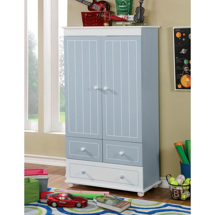 Wooden Armoire With Three Bottom Drawers In Blue And White